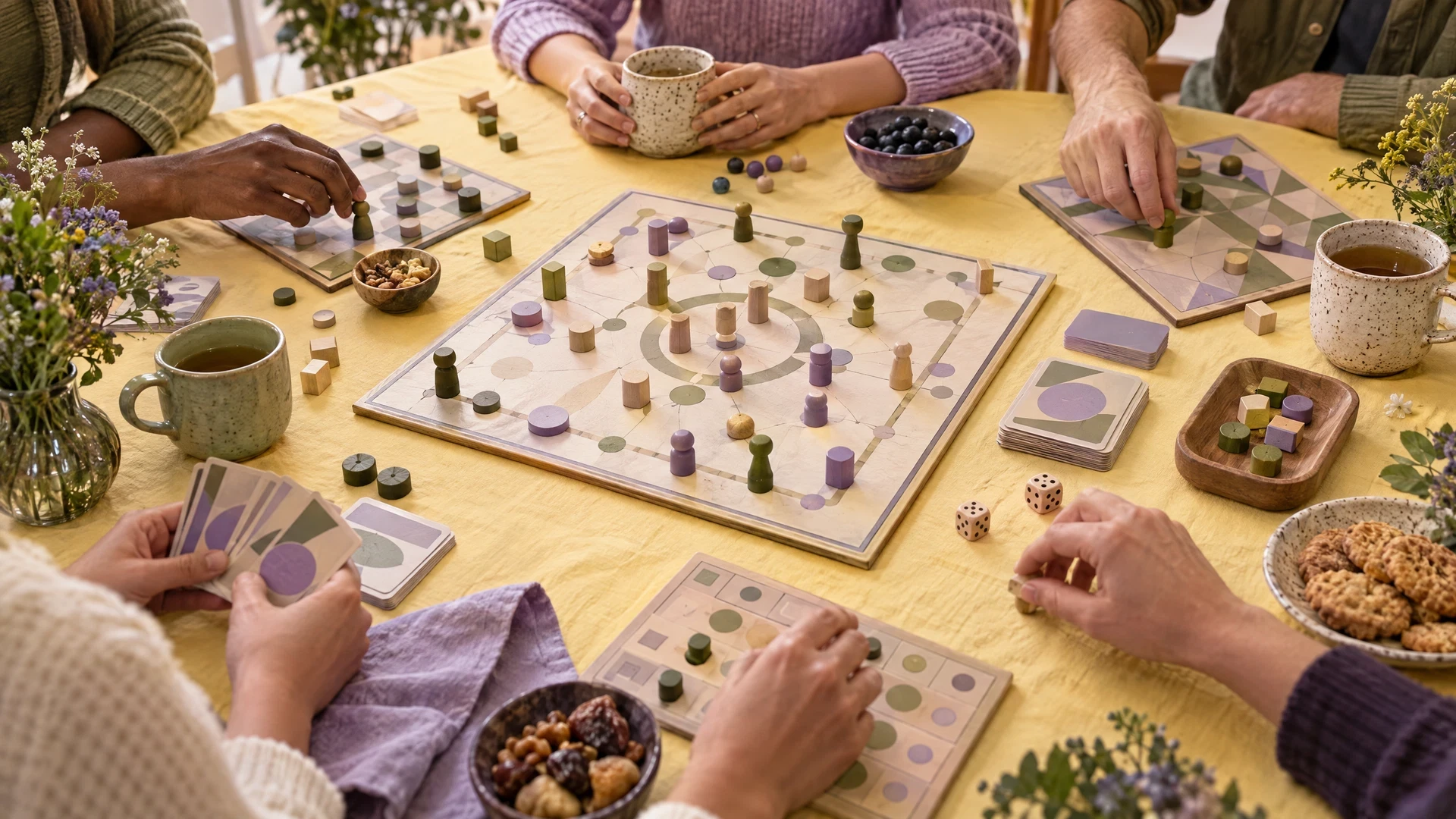 Friendly generic tabletop game table with pieces, tea and arriving hands