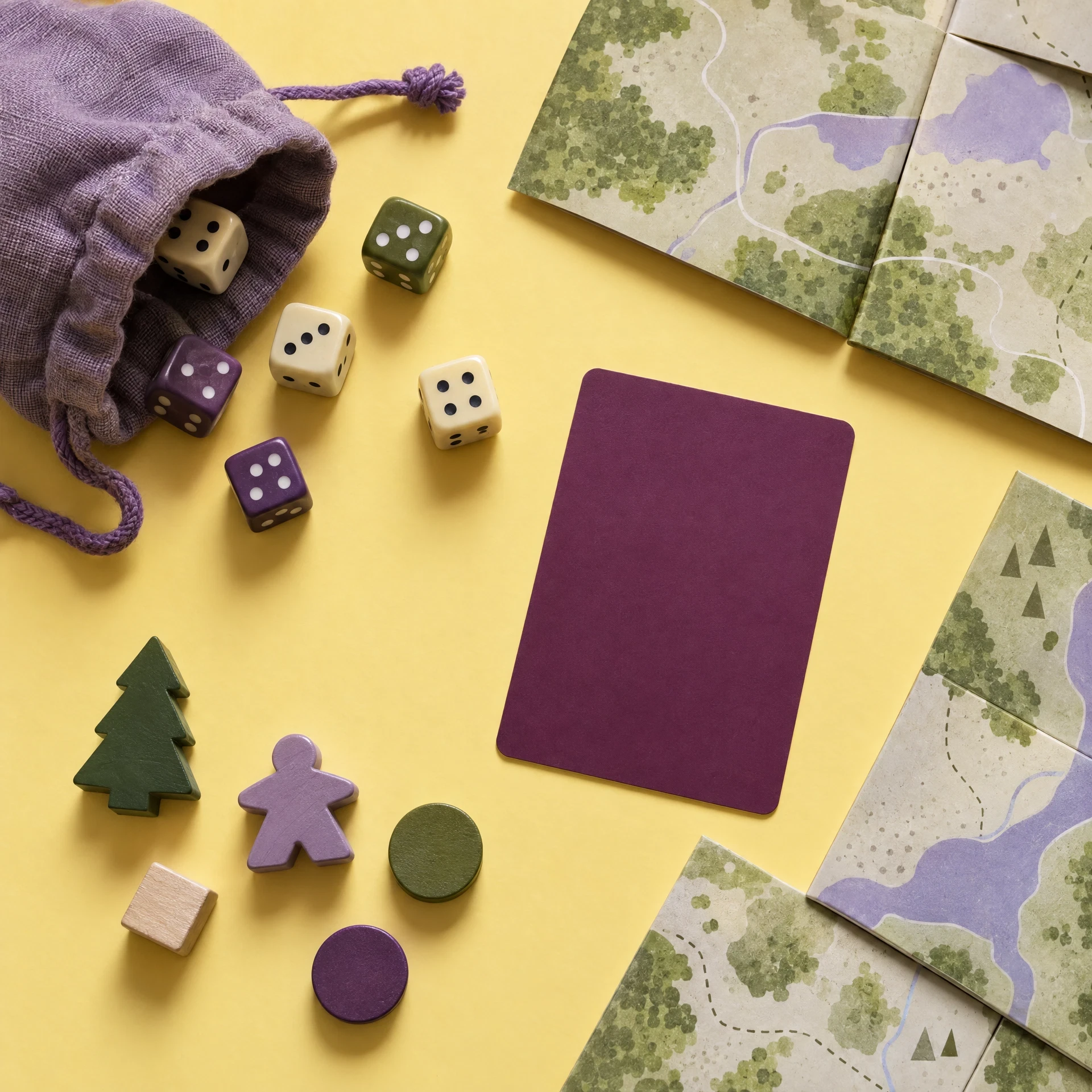 Generic game counters, dice bag and abstract tiles on a butter yellow surface