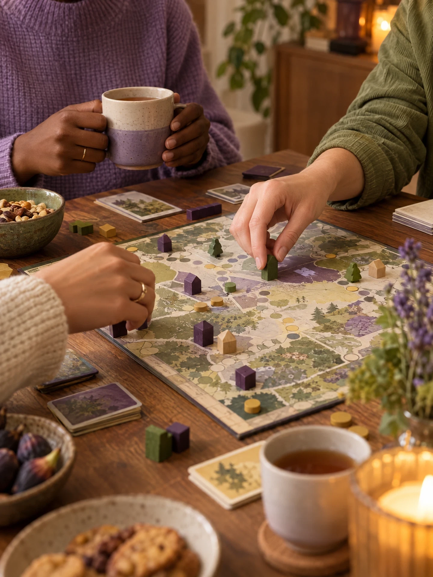 Friends hands reaching across a generic board game with tea cups