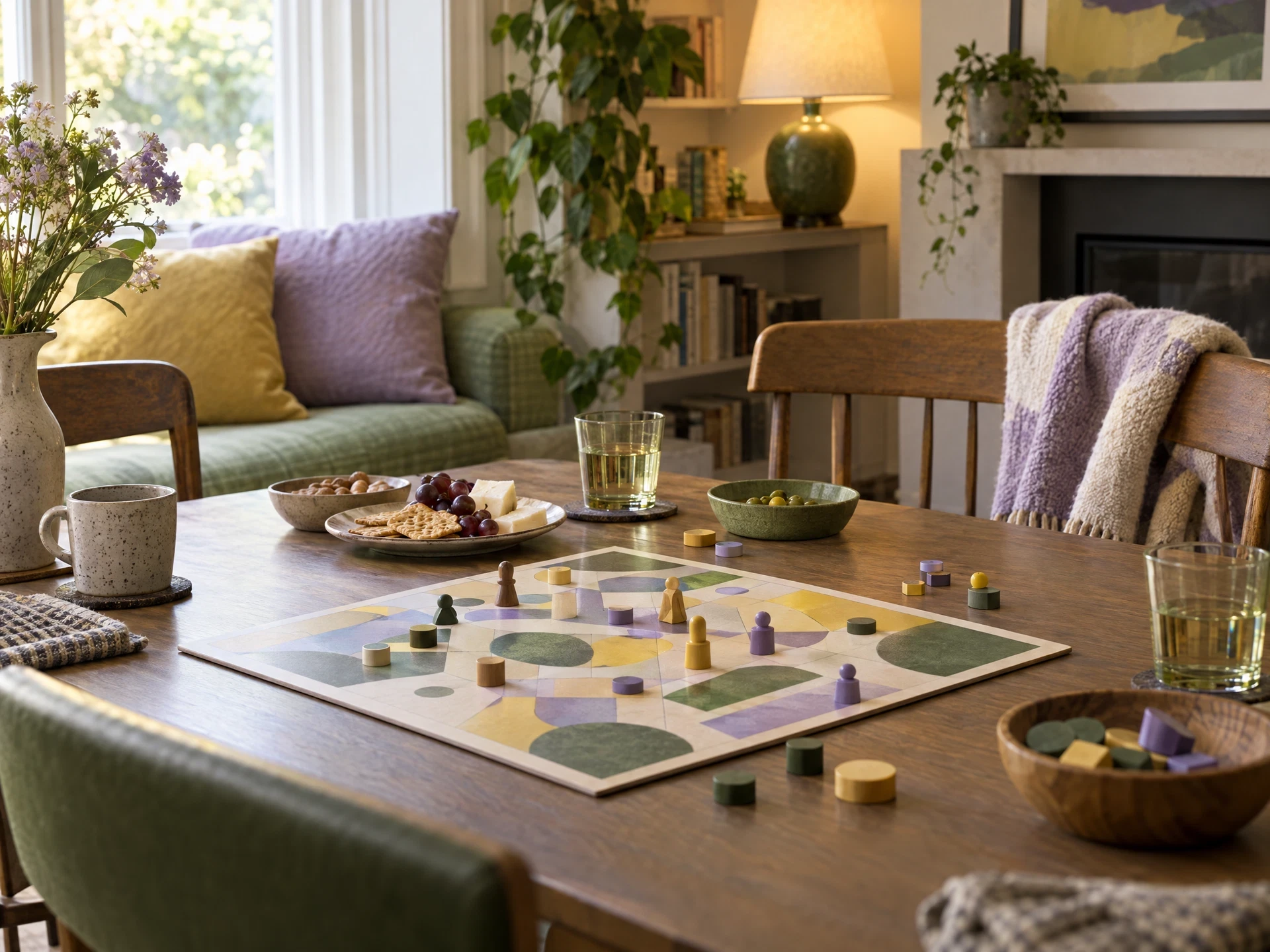 Cozy table pause with generic game pieces, snack plate and blanket