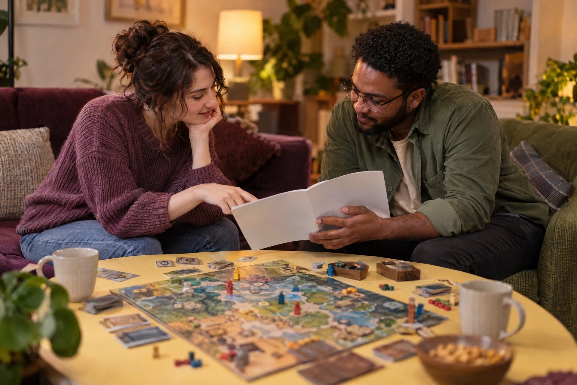 Two people discussing a blank generic rule booklet beside an abstract game board