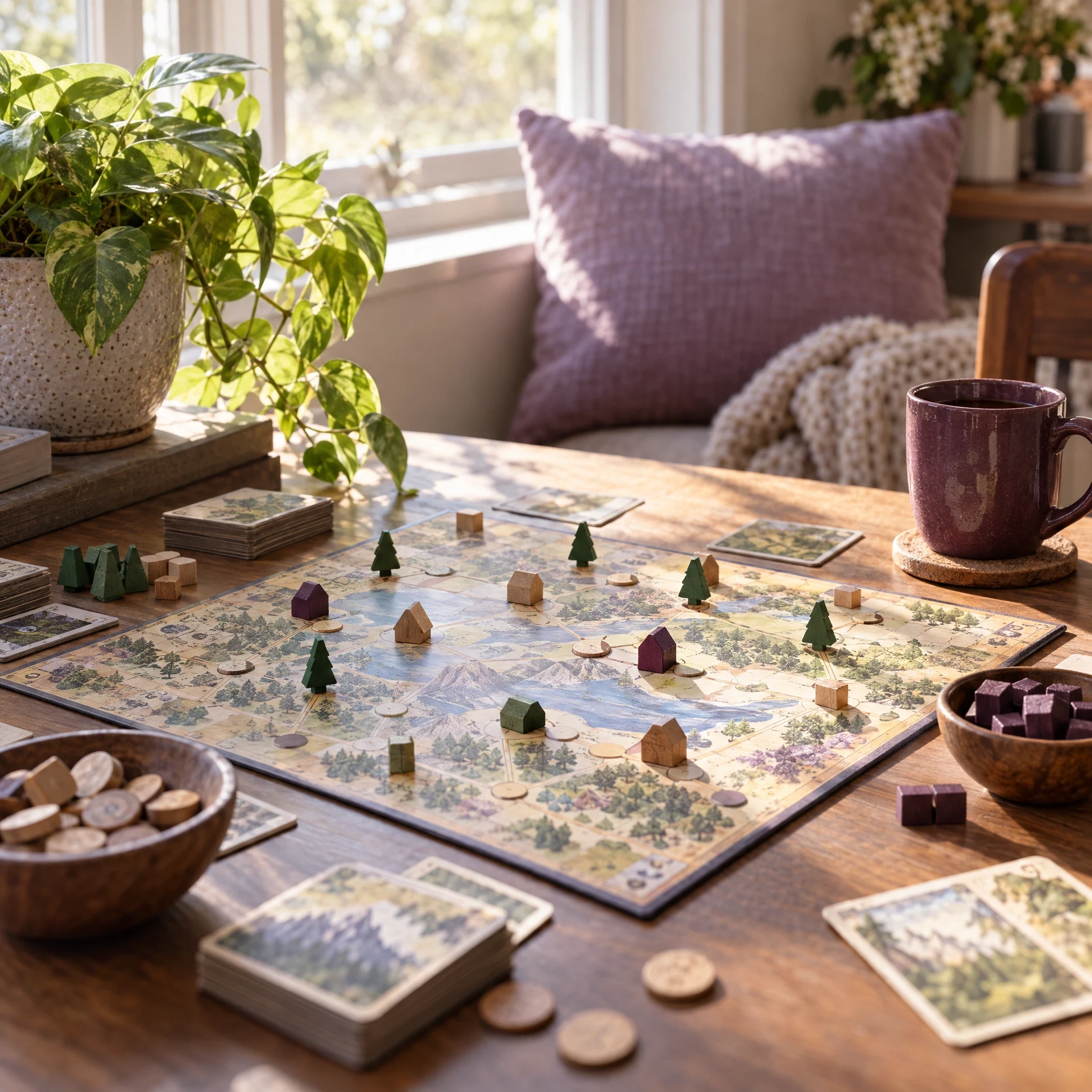 Single generic tabletop game setup waiting near a sunny window