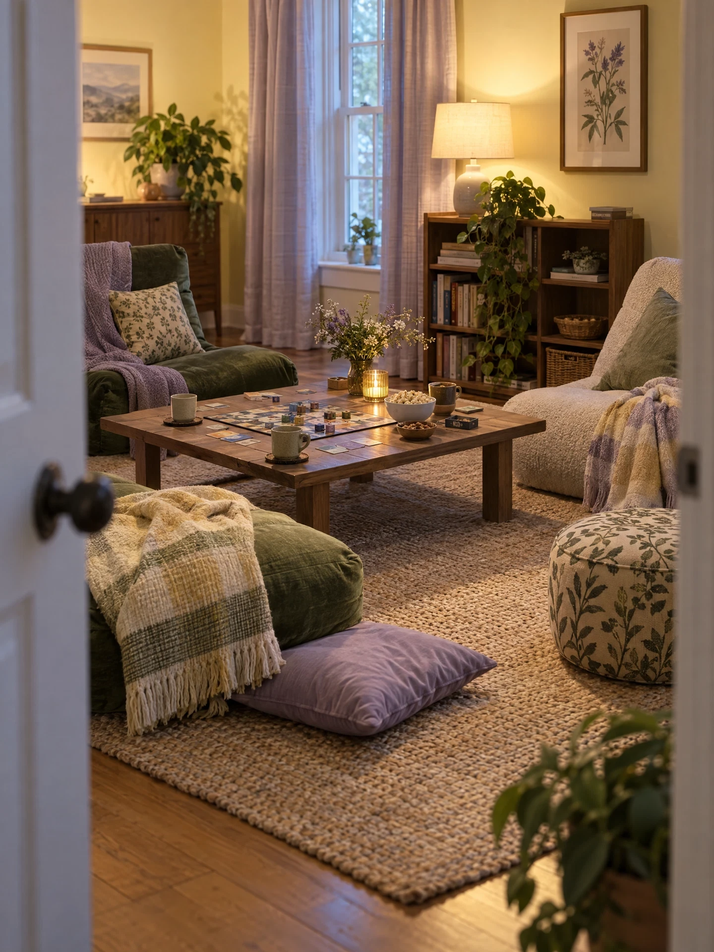 Cozy room prepared for game night with flexible chairs and a low table