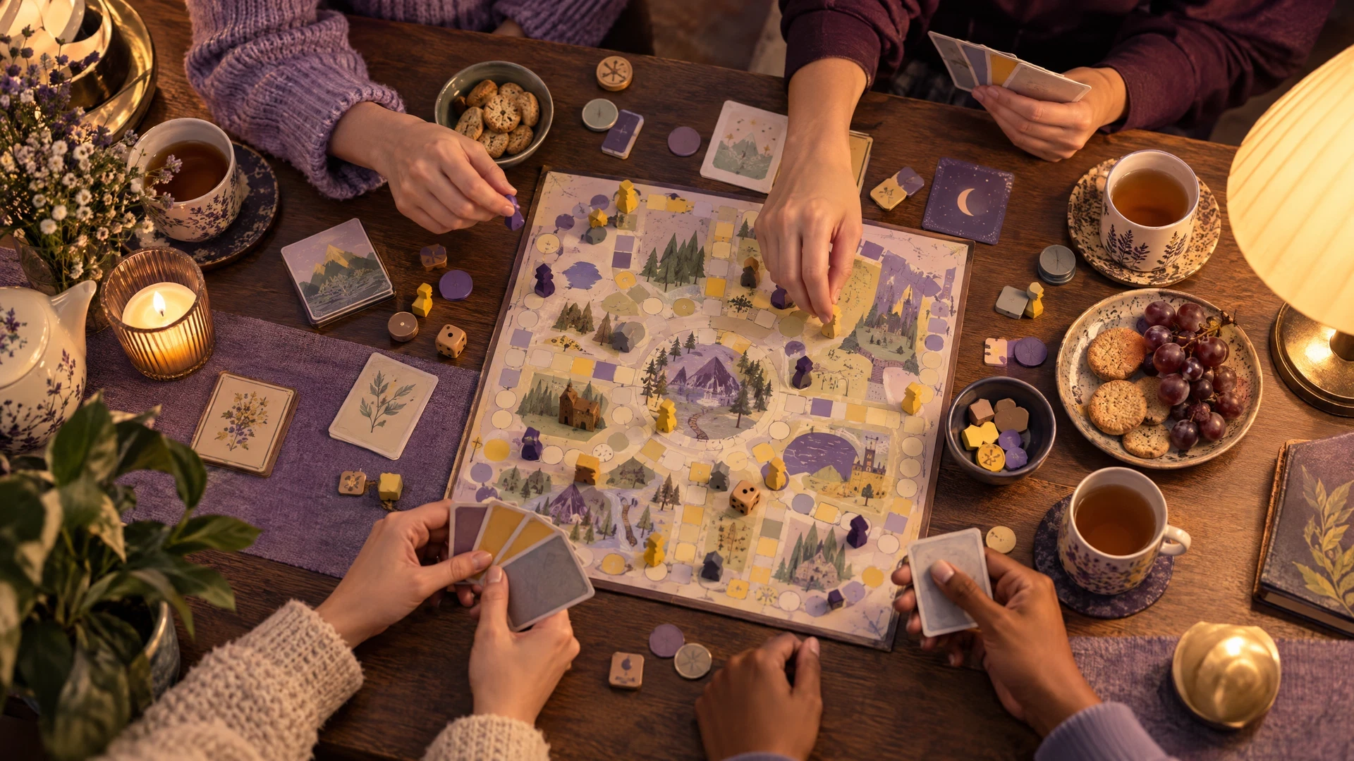 Generic tabletop game mid-session with four sets of hands under warm lamps